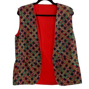 Vintage 1990s Christmas Vest Holly Holiday Lattice Red Womens Handmade Grandma